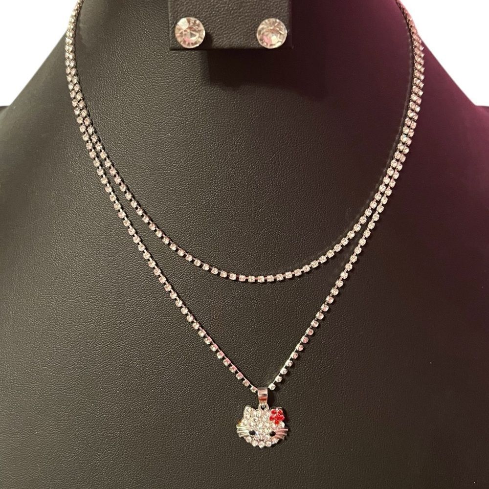 Hello Kitty Rhinestone Double Strand Silver Necklace And Earrings Set